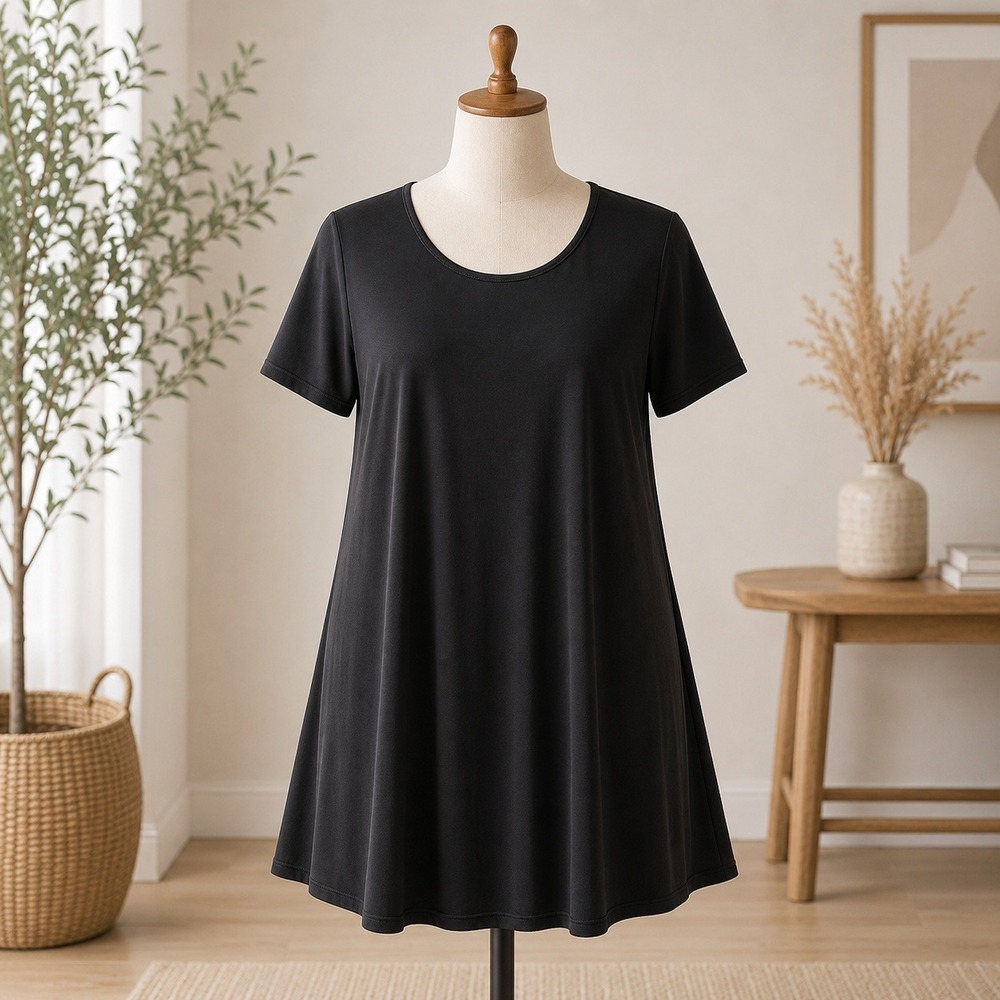 Susan Graver Tunic Top Womens 4XP Black Short Sleeve Scoop Neck A-Line Stretch